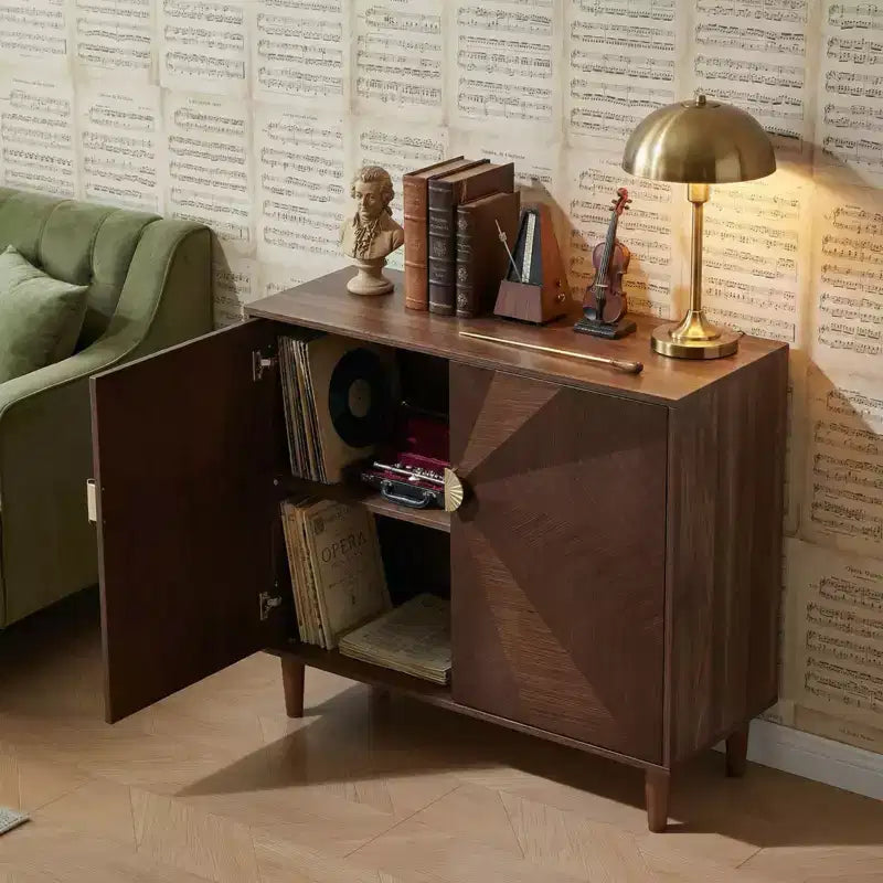 JVNOXK 39.4 Buffet en Bois Style Vintage, Meuble de Rangement Noyer avec Portes Décoratives à Dégradé, Polyvalent pour Salon et Salle à Manger