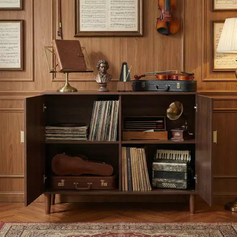 JVNOXK 39.4 Buffet en Bois Style Vintage, Meuble de Rangement Noyer avec Portes Décoratives à Dégradé, Polyvalent pour Salon et Salle à Manger