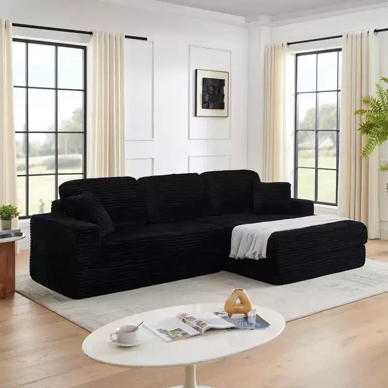 Canapé d'angle modulable en velours côtelé noir, convertible pour salon