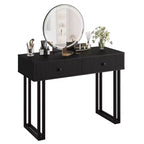COZONY Coiffeuse de 100 cm avec Miroir Rond Éclairé HD, 3 Couleurs de Lumières LED, 2 Tiroirs, Coiffeuse Compacte pour Chambre, Noir