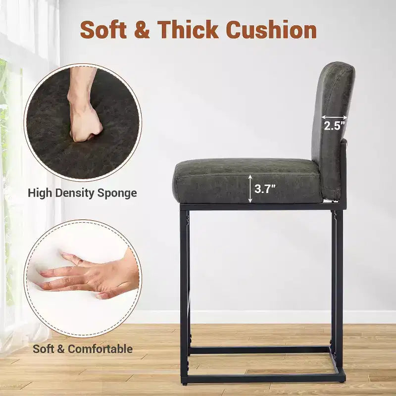 Lot de 2 tabourets de bar à hauteur de comptoir en cuir PU avec dossier, cadre métallique de 61 cm, repose-pieds, siège rembourré confortable pour îlot de cuisine, bar à domicile.