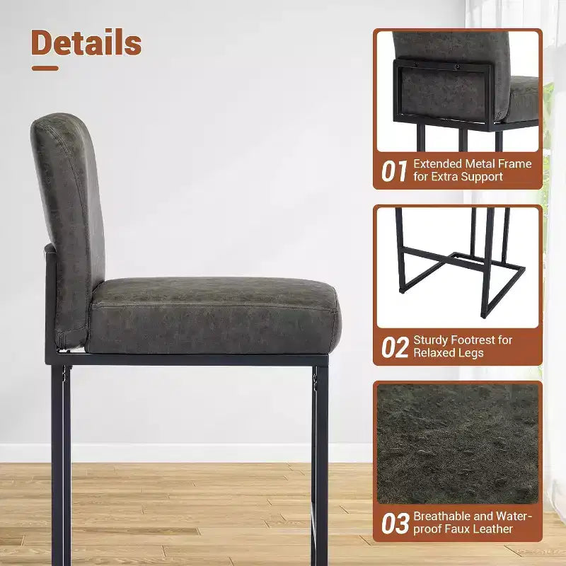 Lot de 2 tabourets de bar à hauteur de comptoir en cuir PU avec dossier, cadre métallique de 61 cm, repose-pieds, siège rembourré confortable pour îlot de cuisine, bar à domicile.