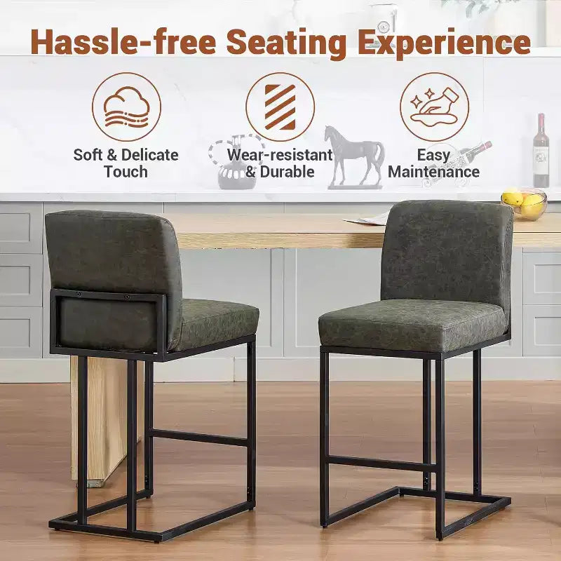 Lot de 2 tabourets de bar à hauteur de comptoir en cuir PU avec dossier, cadre métallique de 61 cm, repose-pieds, siège rembourré confortable pour îlot de cuisine, bar à domicile.