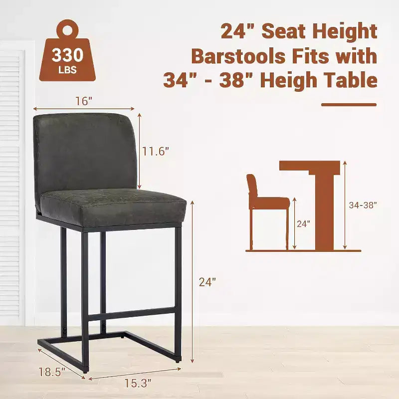 Lot de 2 tabourets de bar à hauteur de comptoir en cuir PU avec dossier, cadre métallique de 61 cm, repose-pieds, siège rembourré confortable pour îlot de cuisine, bar à domicile.