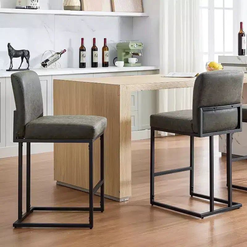 Lot de 2 tabourets de bar à hauteur de comptoir en cuir PU avec dossier, cadre métallique de 61 cm, repose-pieds, siège rembourré confortable pour îlot de cuisine, bar à domicile.