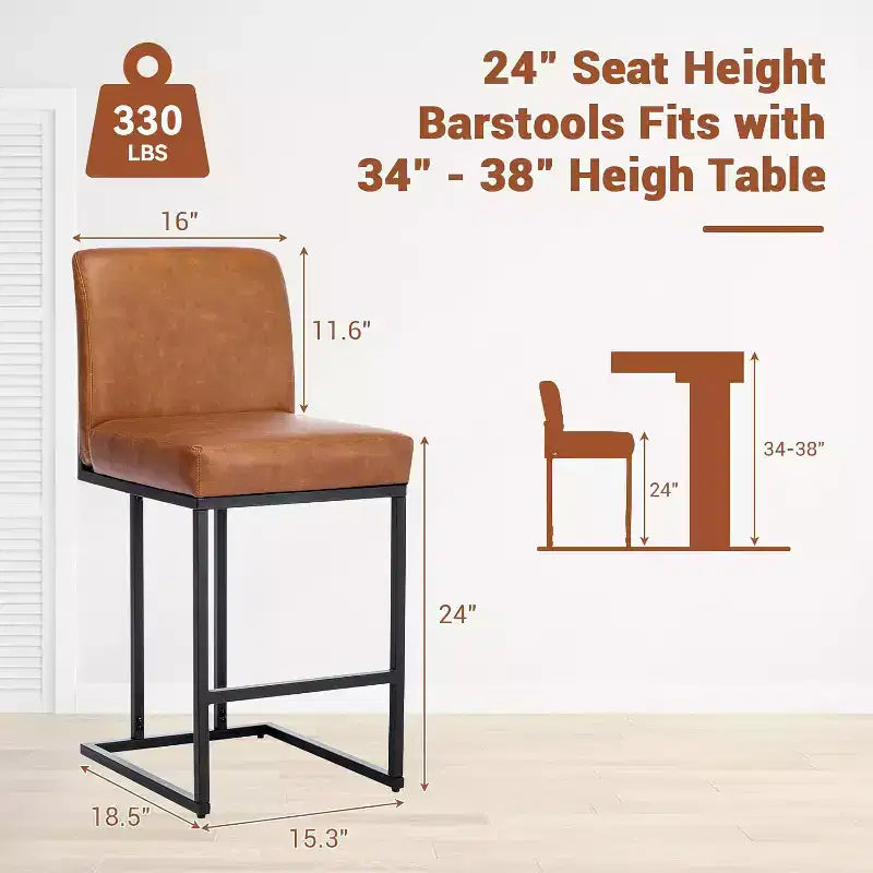 Lot de 2 tabourets de bar à hauteur de comptoir en cuir PU avec dossier, cadre métallique de 61 cm, repose-pieds, siège rembourré confortable pour îlot de cuisine, bar à domicile.