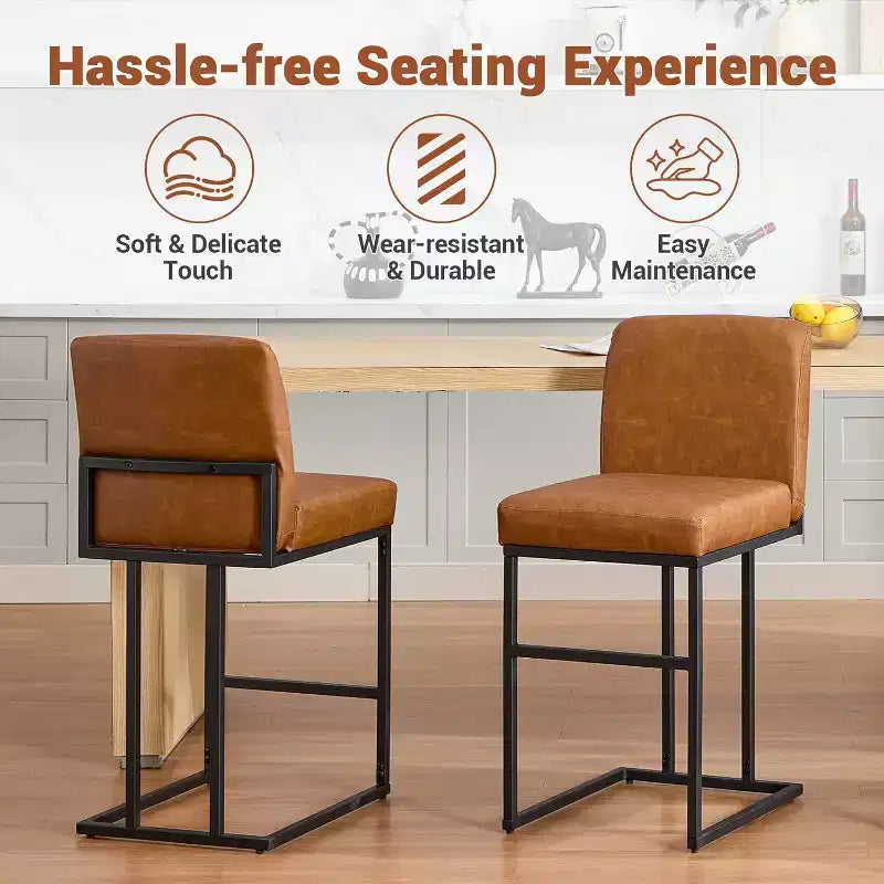 Lot de 2 tabourets de bar à hauteur de comptoir en cuir PU avec dossier, cadre métallique de 61 cm, repose-pieds, siège rembourré confortable pour îlot de cuisine, bar à domicile.