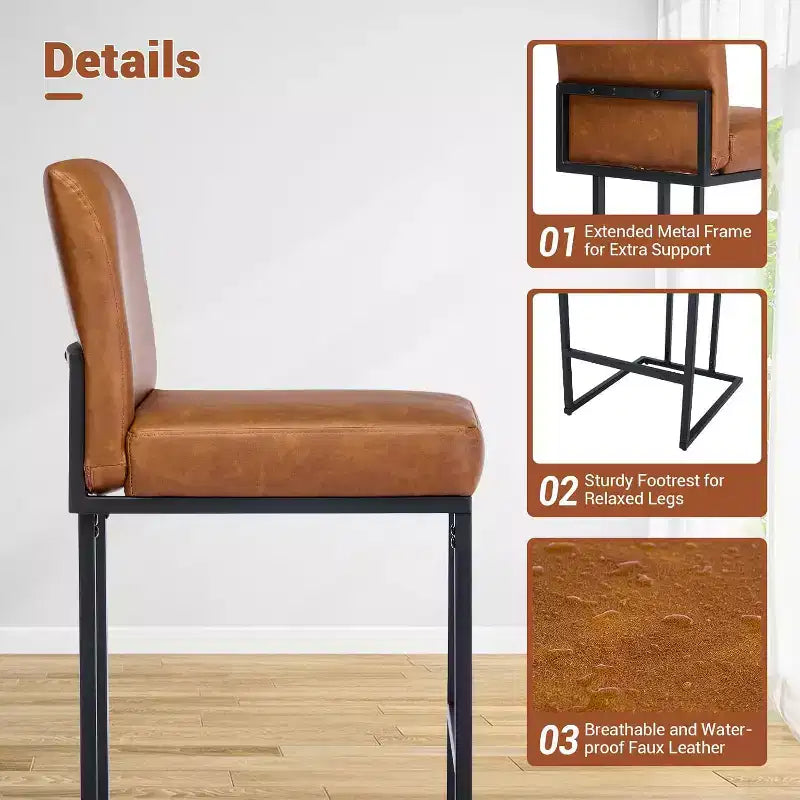 Lot de 2 tabourets de bar à hauteur de comptoir en cuir PU avec dossier, cadre métallique de 61 cm, repose-pieds, siège rembourré confortable pour îlot de cuisine, bar à domicile.