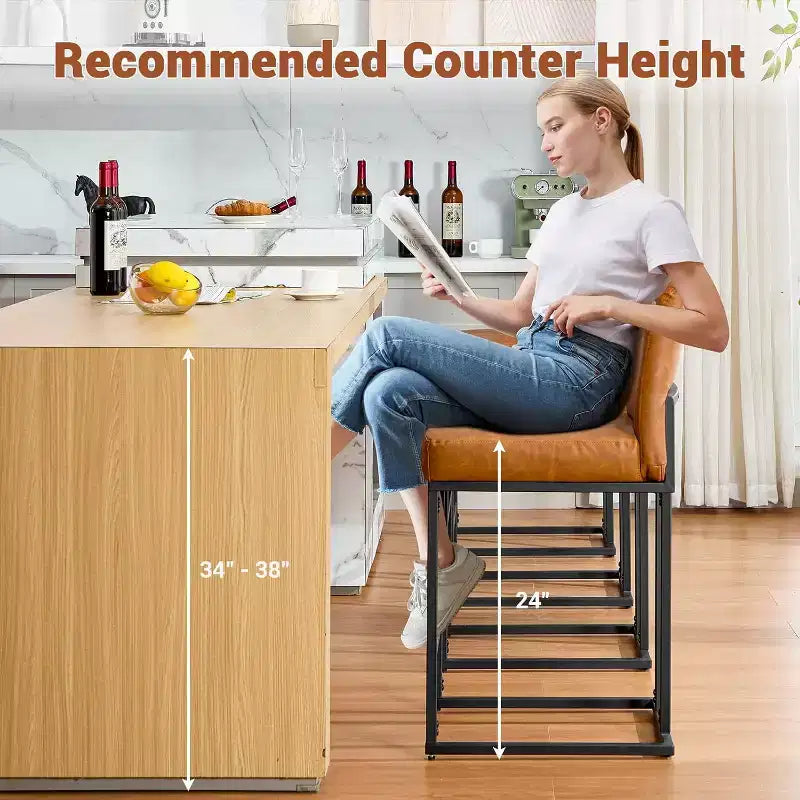 Lot de 2 tabourets de bar à hauteur de comptoir en cuir PU avec dossier, cadre métallique de 61 cm, repose-pieds, siège rembourré confortable pour îlot de cuisine, bar à domicile.