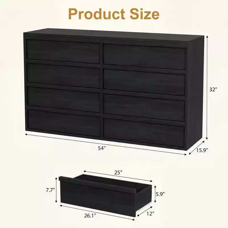 Commode à 8 tiroirs pour chambre à coucher, 137 cm de large, chêne naturel, 8 tiroirs de rangement avec grand espace de rangement, organiseur de commode en bois pour salon, entrée, chambre d'enfant