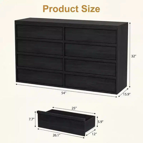Commode à 8 tiroirs pour chambre à coucher, 137 cm de large, chêne naturel, 8 tiroirs de rangement avec grand espace de rangement, organiseur de commode en bois pour salon, entrée, chambre d'enfant