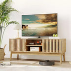Boho TV Stand for Living Room, Entertainment Center for TVs Up to 50 Inch, Television Console Table with Storage Cabinet and Open Shelves, Natural