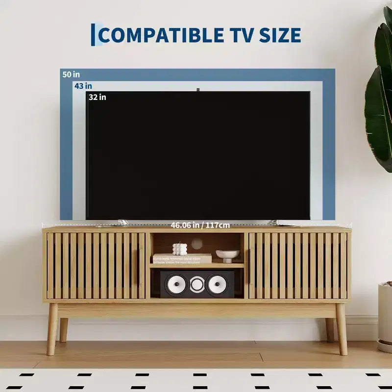 Meuble TV bohème pour salon, meuble de divertissement pour téléviseurs jusqu'à 50 pouces, console TV avec armoire de rangement et étagères ouvertes, naturel