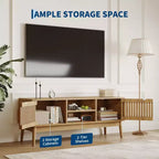 Meuble TV bohème pour salon, meuble de divertissement pour téléviseurs jusqu'à 50 pouces, console TV avec armoire de rangement et étagères ouvertes, naturel