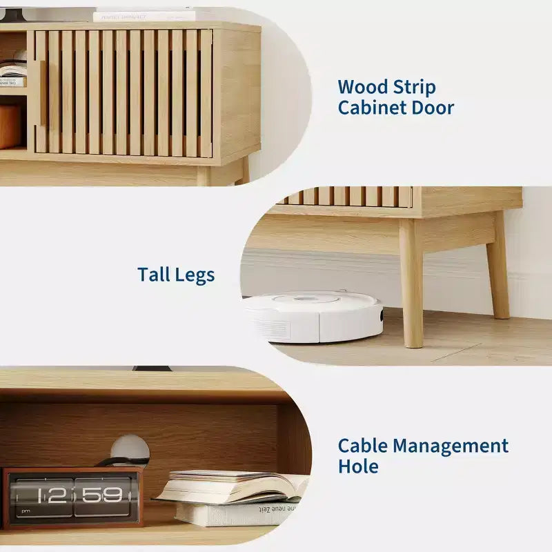 Meuble TV bohème pour salon, meuble de divertissement pour téléviseurs jusqu'à 50 pouces, console TV avec armoire de rangement et étagères ouvertes, naturel