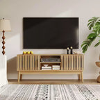 Meuble TV bohème pour salon, meuble de divertissement pour téléviseurs jusqu'à 50 pouces, console TV avec armoire de rangement et étagères ouvertes, naturel