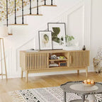 Meuble TV bohème pour salon, meuble de divertissement pour téléviseurs jusqu'à 50 pouces, console TV avec armoire de rangement et étagères ouvertes, naturel