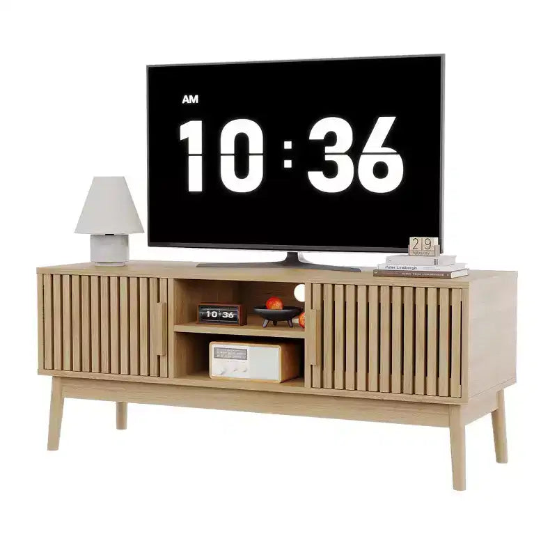 Meuble TV bohème pour salon, meuble de divertissement pour téléviseurs jusqu'à 50 pouces, console TV avec armoire de rangement et étagères ouvertes, naturel