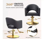 Chaise de coiffure pivotante Karl Home noire robuste à 360° avec dossier à motif losanges et repose-pieds doré
