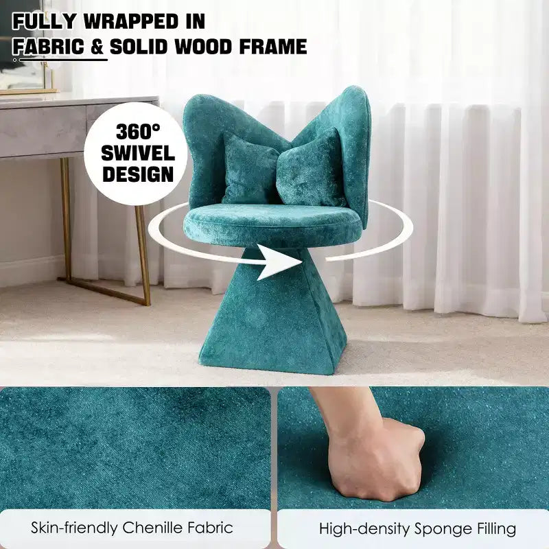 Chaise de vanité élégante Whisen avec dossier papillon, Chaise de coiffeuse moderne, Tabouret de maquillage, Chaise pivotante d'appoint, Chaises de salle à manger