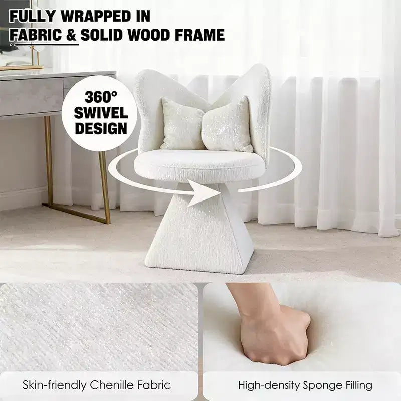Chaise de vanité élégante Whisen avec dossier papillon, Chaise de coiffeuse moderne, Tabouret de maquillage, Chaise pivotante d'appoint, Chaises de salle à manger