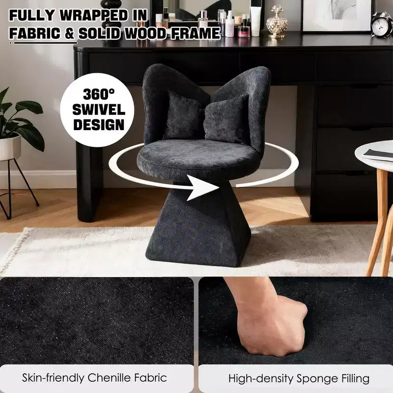 Chaise de vanité élégante Whisen avec dossier papillon, Chaise de coiffeuse moderne, Tabouret de maquillage, Chaise pivotante d'appoint, Chaises de salle à manger
