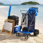 Chariot de plage VEVOR avec grandes roues pour le sable, capacité de charge de 75 kg, chariot de plage pliant robuste avec 10 roues pleines, bleu+gris