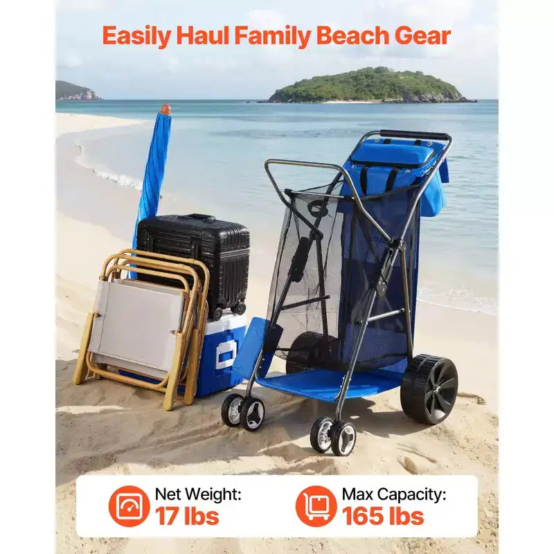 Chariot de plage VEVOR avec grandes roues pour le sable, capacité de charge de 75 kg, chariot de plage pliant robuste avec 10 roues pleines, bleu+gris