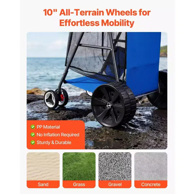 Chariot de plage VEVOR avec grandes roues pour le sable, capacité de charge de 75 kg, chariot de plage pliant robuste avec 10 roues pleines, bleu+gris