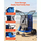 Chariot de plage VEVOR avec grandes roues pour le sable, capacité de charge de 75 kg, chariot de plage pliant robuste avec 10 roues pleines, bleu+gris