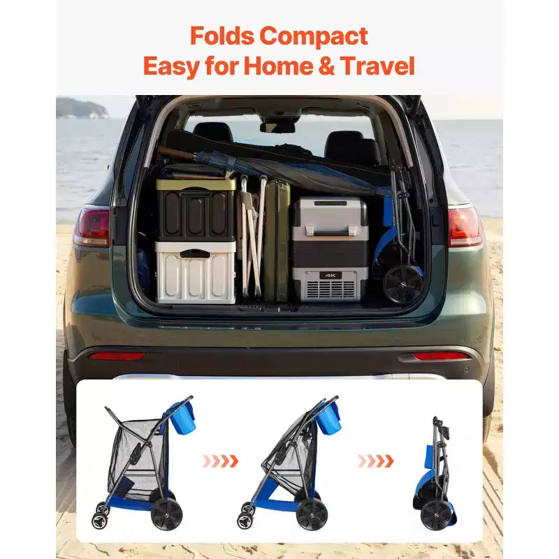 Chariot de plage VEVOR avec grandes roues pour le sable, capacité de charge de 75 kg, chariot de plage pliant robuste avec 10 roues pleines, bleu+gris