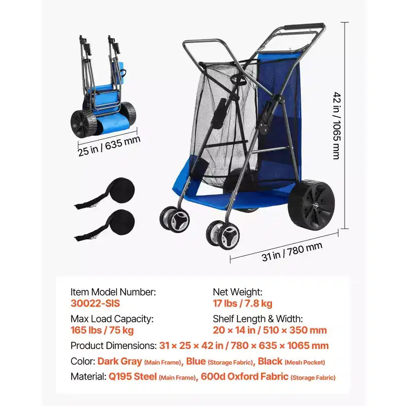 Chariot de plage VEVOR avec grandes roues pour le sable, capacité de charge de 75 kg, chariot de plage pliant robuste avec 10 roues pleines, bleu+gris