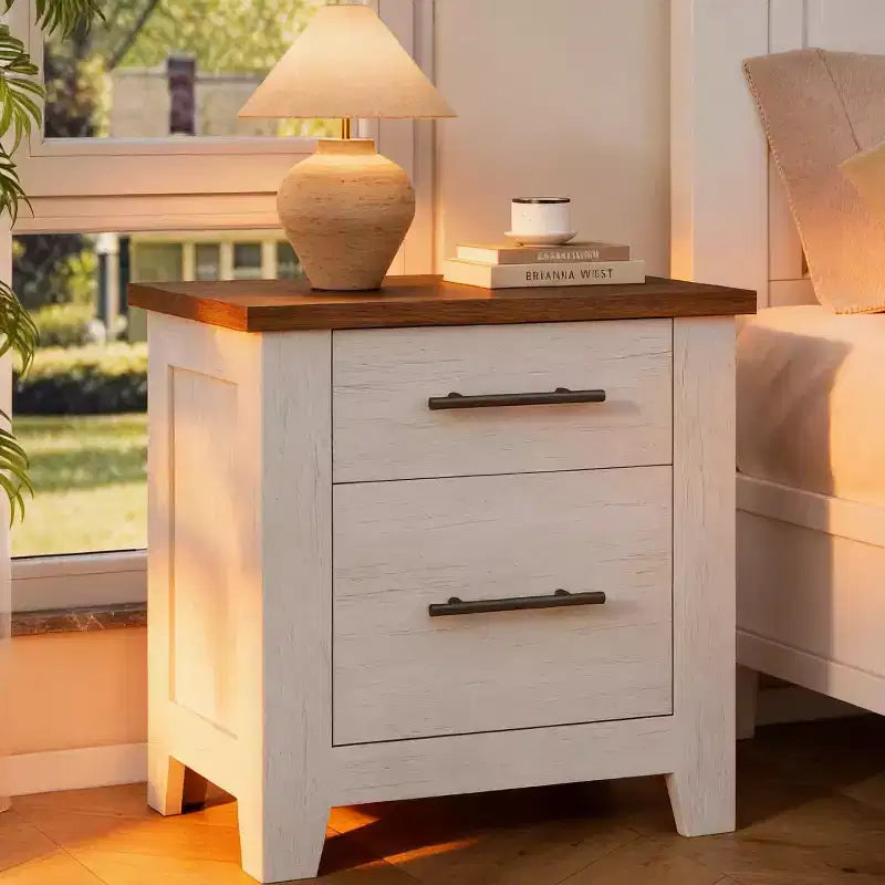 Table de chevet rustique avec 2 tiroirs, table de nuit blanche vieillie avec plateau marron, table d'appoint en bois rustique pour chambre et salon
