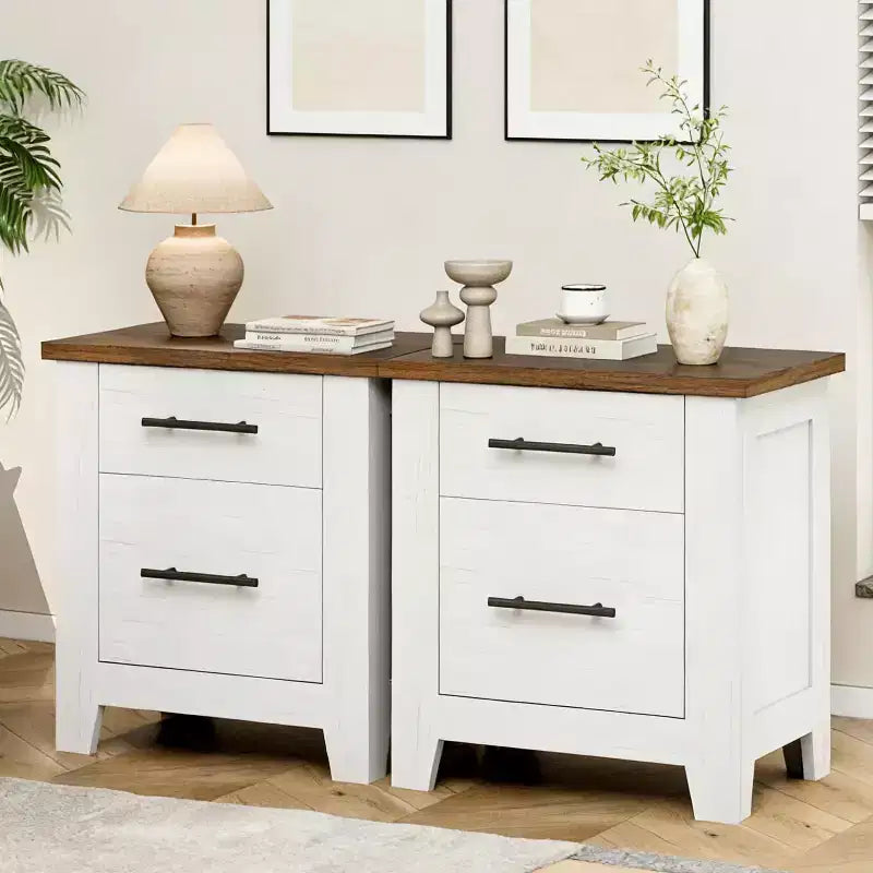 Table de chevet rustique avec 2 tiroirs, table de nuit blanche vieillie avec plateau marron, table d'appoint en bois rustique pour chambre et salon