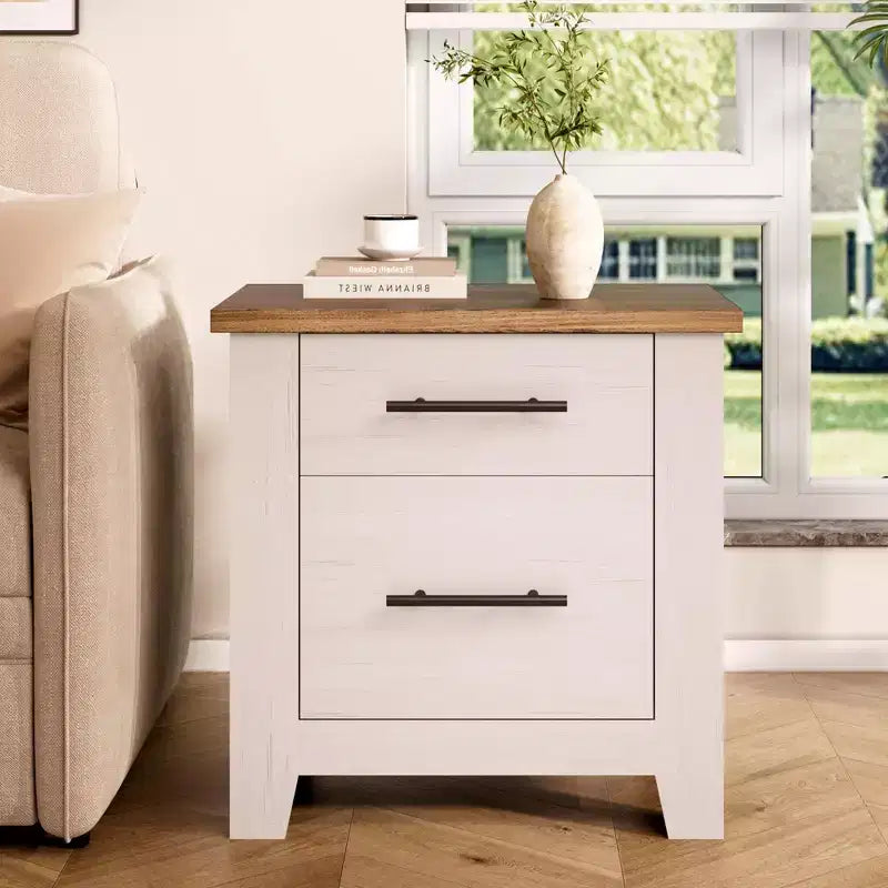 Table de chevet rustique avec 2 tiroirs, table de nuit blanche vieillie avec plateau marron, table d'appoint en bois rustique pour chambre et salon