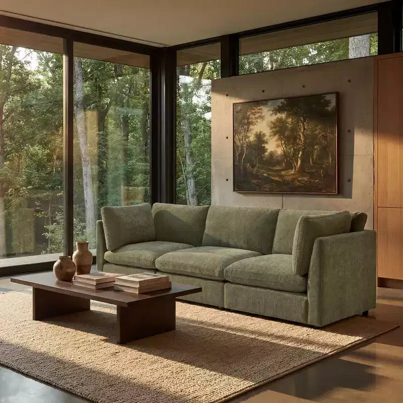 Canapé modulable Morden Fort 356 cm avec pouf de rangement, canapé en U avec assise profonde de 56 cm, canapé d'angle moderne en chenille pour salon