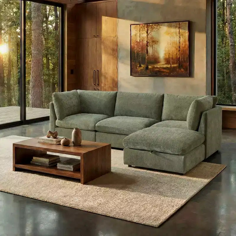Canapé modulable Morden Fort 356 cm avec pouf de rangement, canapé en U avec assise profonde de 56 cm, canapé d'angle moderne en chenille pour salon