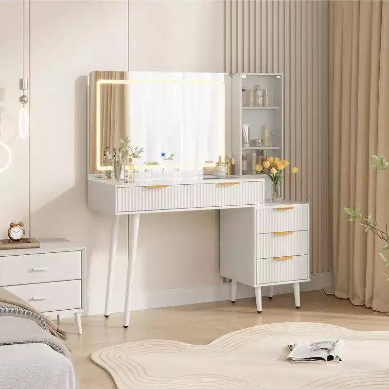 Makeup Vanity Desk with Lights, 48 Fluted Vanity with Glass Top and 36 HD Lighted Mirror, Dressing Table with 5 Drawers 3-Tier Shelves, White