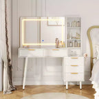 Coiffeuse avec lumières, coiffeuse cannelée de 122 cm avec plateau en verre et miroir éclairé HD de 91 cm, table de maquillage avec 5 tiroirs et étagères à 3 niveaux, blanche