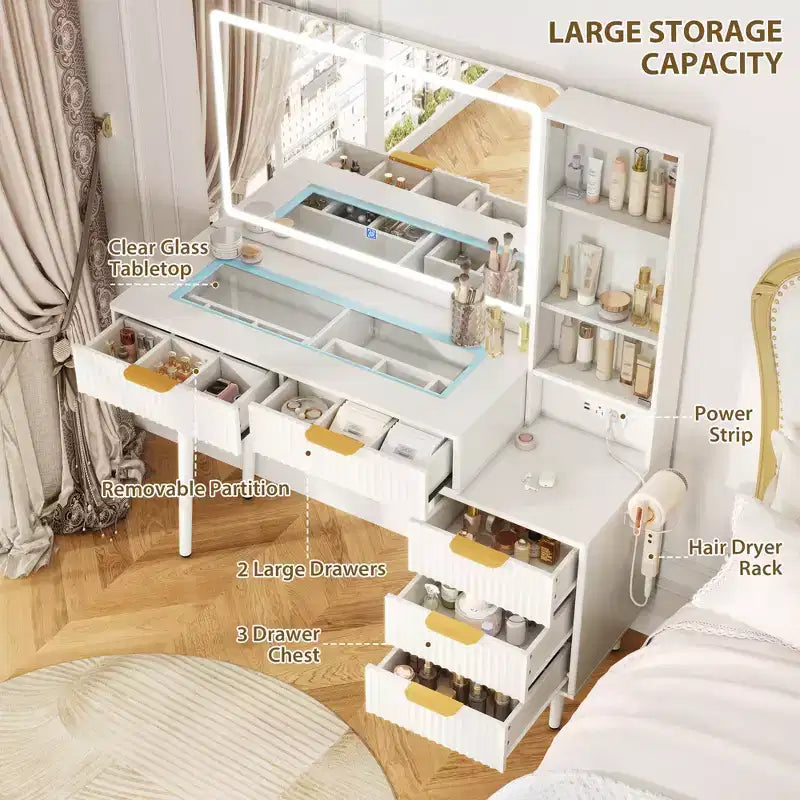 Coiffeuse avec lumières, coiffeuse cannelée de 122 cm avec plateau en verre et miroir éclairé HD de 91 cm, table de maquillage avec 5 tiroirs et étagères à 3 niveaux, blanche