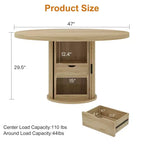 Table à manger ronde 47" pour 4 personnes avec étagère de rangement et tiroir - Table circulaire de style rustique avec portes coulissantes, bois naturel, salon