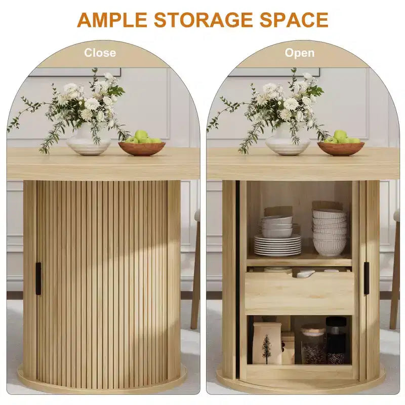 Table à manger ronde 47" pour 4 personnes avec étagère de rangement et tiroir - Table circulaire de style rustique avec portes coulissantes, bois naturel, salon