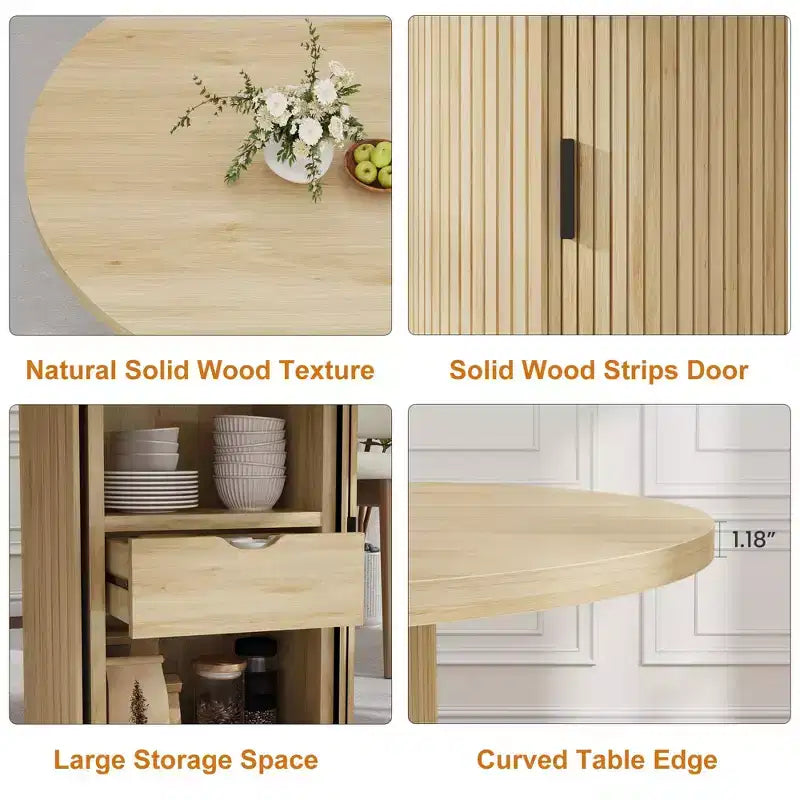 Table à manger ronde 47" pour 4 personnes avec étagère de rangement et tiroir - Table circulaire de style rustique avec portes coulissantes, bois naturel, salon
