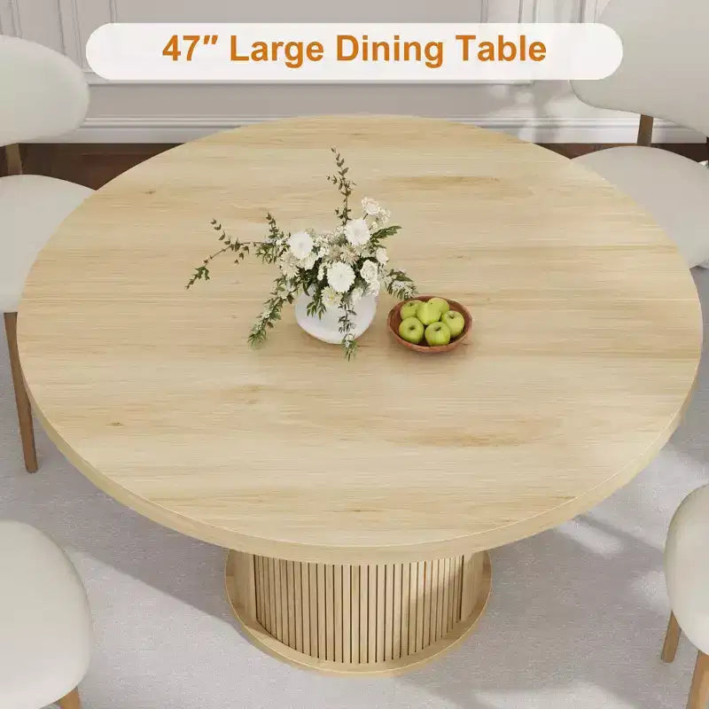 Table à manger ronde 47" pour 4 personnes avec étagère de rangement et tiroir - Table circulaire de style rustique avec portes coulissantes, bois naturel, salon