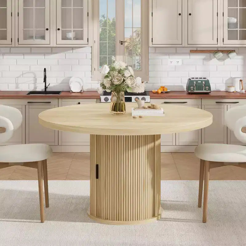 Table à manger ronde 47" pour 4 personnes avec étagère de rangement et tiroir - Table circulaire de style rustique avec portes coulissantes, bois naturel, salon