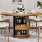 Table à manger ronde 47" pour 4 personnes avec étagère de rangement et tiroir - Table circulaire de style rustique avec portes coulissantes, bois naturel, salon