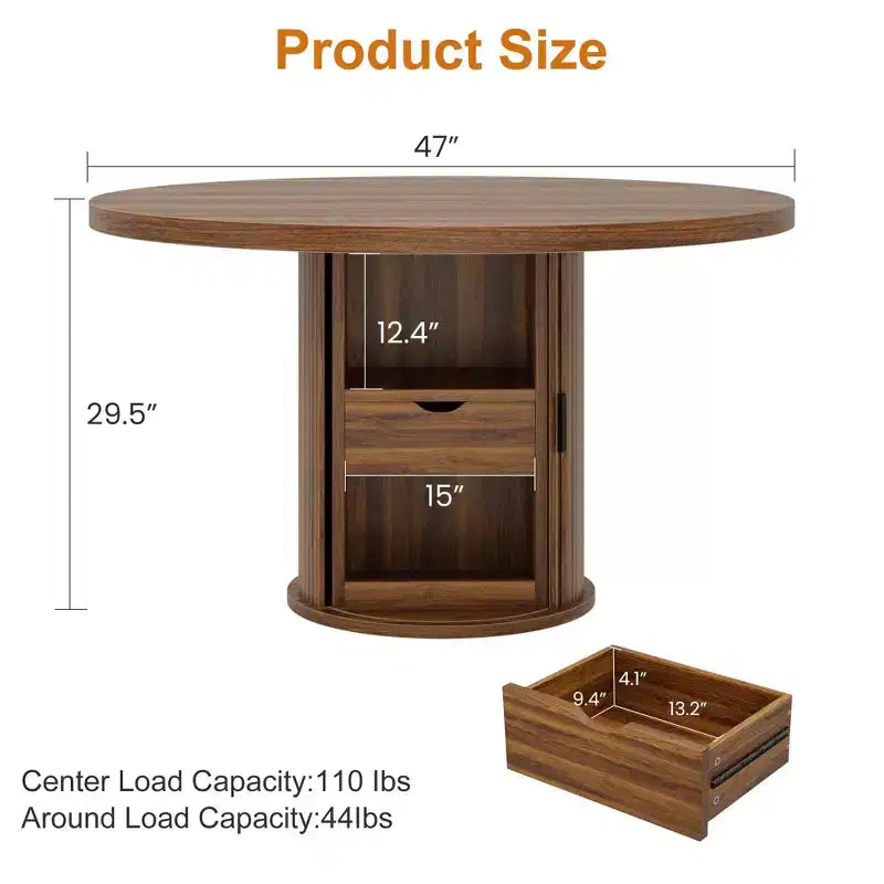 Table à manger ronde 47" pour 4 personnes avec étagère de rangement et tiroir - Table circulaire de style rustique avec portes coulissantes, bois naturel, salon
