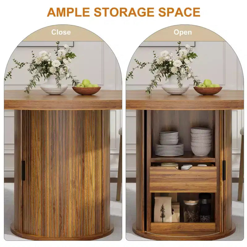 Table à manger ronde 47" pour 4 personnes avec étagère de rangement et tiroir - Table circulaire de style rustique avec portes coulissantes, bois naturel, salon