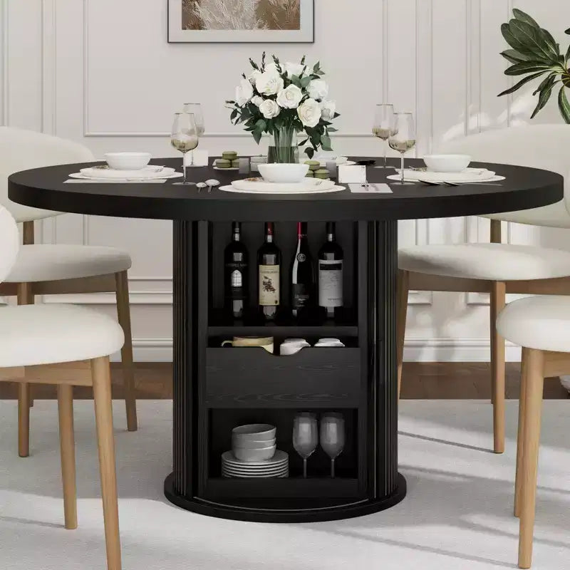 Table à manger ronde 47" pour 4 personnes avec étagère de rangement et tiroir - Table circulaire de style rustique avec portes coulissantes, bois naturel, salon