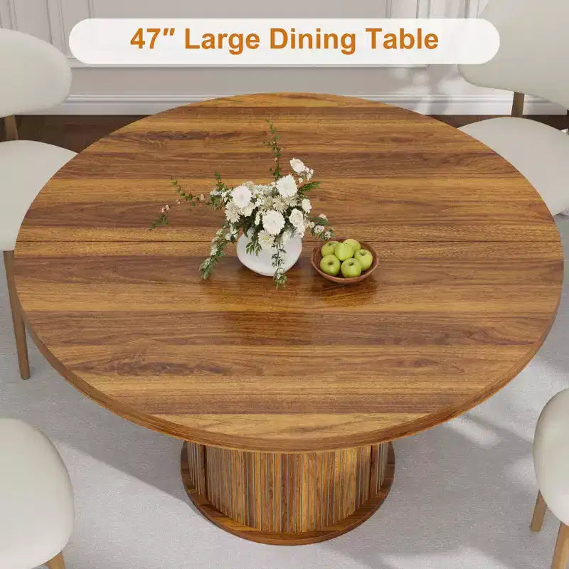 Table à manger ronde 47" pour 4 personnes avec étagère de rangement et tiroir - Table circulaire de style rustique avec portes coulissantes, bois naturel, salon
